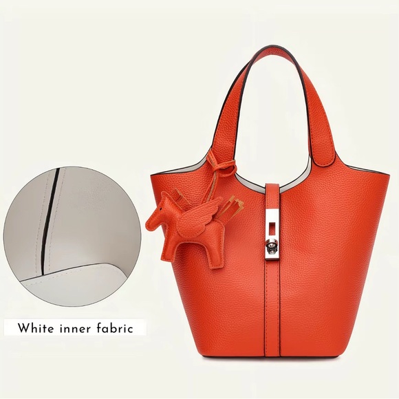 FIANAL SALE! 55 ! Orange Leather Tote Bag with Charm — Unbranded